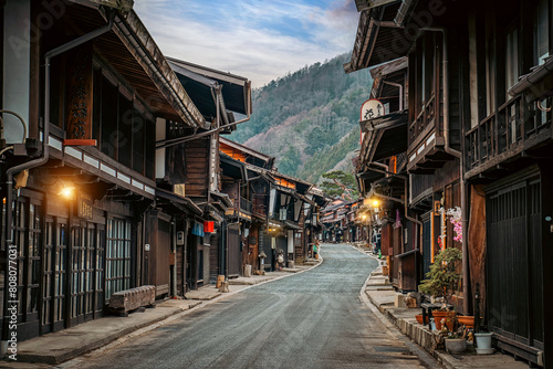 Narai-Juku, an old town in Nagano Prefecture. (Nagano)The main street is lined with ancient houses. It's a restaurant. Accommodation shop, ryokan, old town feel, rural atmosphere in Japan. © munduuk