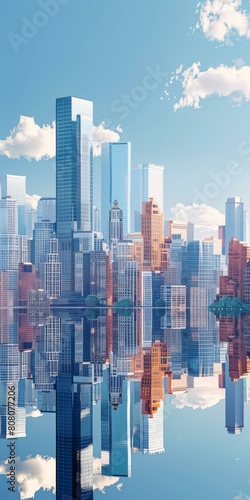 futuristic city with skyscrapers reflecting on water surface