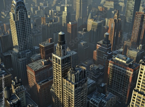 A 3D rendering of a city with tall buildings