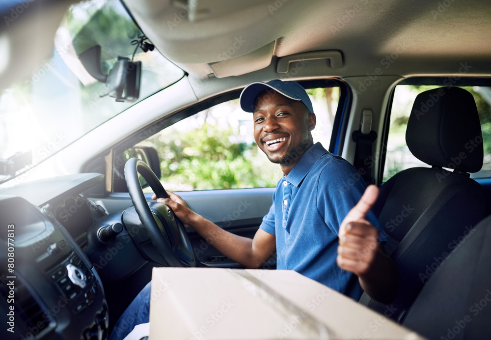 Obraz premium Black man, courier and thumbs up in car for boxes, portrait or smile for job in supply chain. Person, package and happy for delivery with sign, emoji or symbol for good service, choice or transport