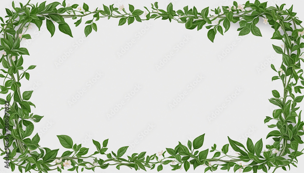 AI-generated botanical design layout with transparent framed borders, isolated for photo-realistic illustrations of lush leafy vines and floral elements 