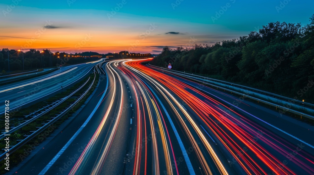 Tail lights of vehicles forming streaks of light on a highway at dusk, rush hour Tail lights of vehicles forming streaks of light on a highway at dusk, rush hour