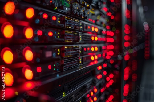 Intense Glare of Data Servers Illuminated with Red Lights in a Tech Facility.