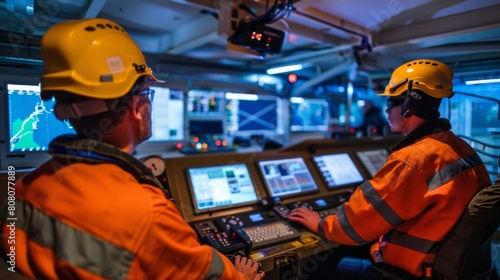 Technicians monitoring data on computer screens in a control room on an oil platform