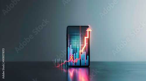 Vintage stock photo of smartphone with arrow pointing up and down, rising trading graph on screen isolated over grey background