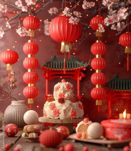 A table full of food and decorations for the Chinese New Year