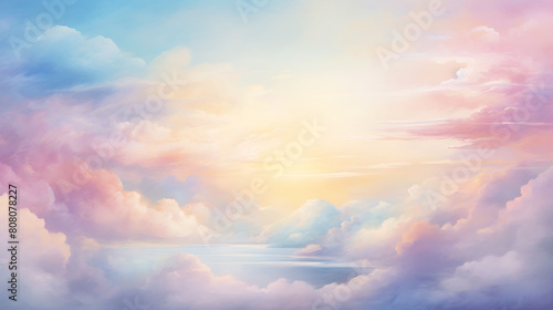 Design a watercolor background featuring a dreamy cloudscape at sunrise © Sunny