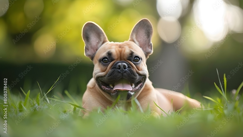 A joyful French Bulldog basks in the outdoors with carefree energy. Concept Outdoor Photoshoot, Colorful Props, Joyful Portraits, Playful Poses