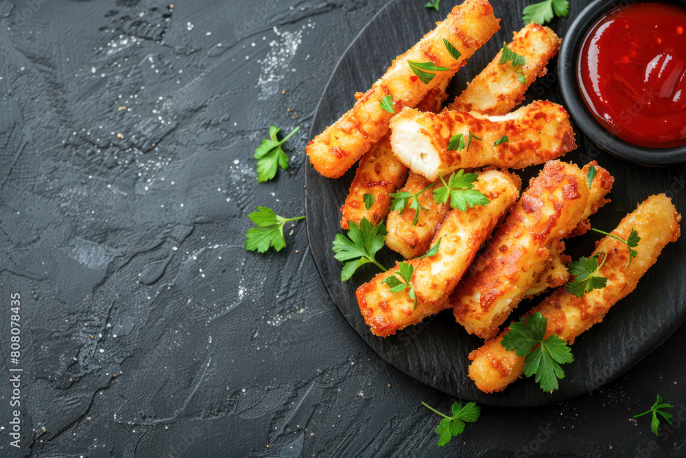 Halloumi Cheese Sticks with Dipping Sauce. Delicious golden-brown halloumi cheese sticks, garnished with fresh parsley, served with a side of tangy red dipping sauce on a rustic black slate plate.