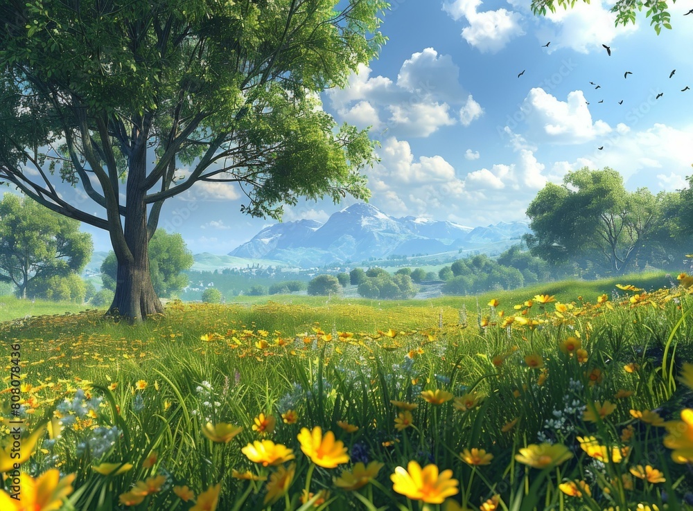 Obraz premium idyllic landscape with a large tree and yellow flowers in the foreground