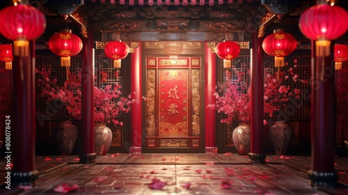 Chinese courtyard with red lanterns and pink flowers photo