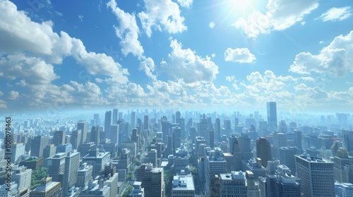 A cityscape image of a large modern city with skyscrapers and a blue sky