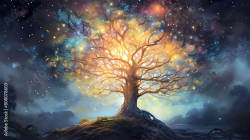 Design a watercolor background featuring an ancient tree illuminated by fireflies at dusk photo