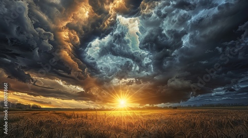 The sun breaking through storm clouds, illuminating the sky with hope and resilience