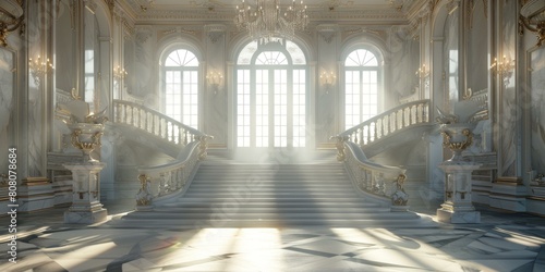 ornate hallway with marble staircase and large windows