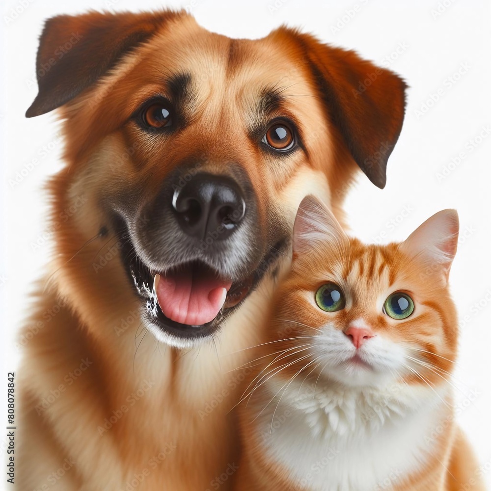 Happy dog and cat on white background, generative ai 