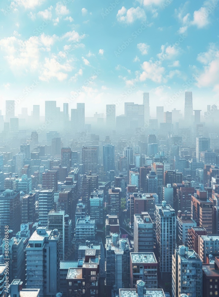 Obraz premium A cityscape with tall buildings and a blue sky
