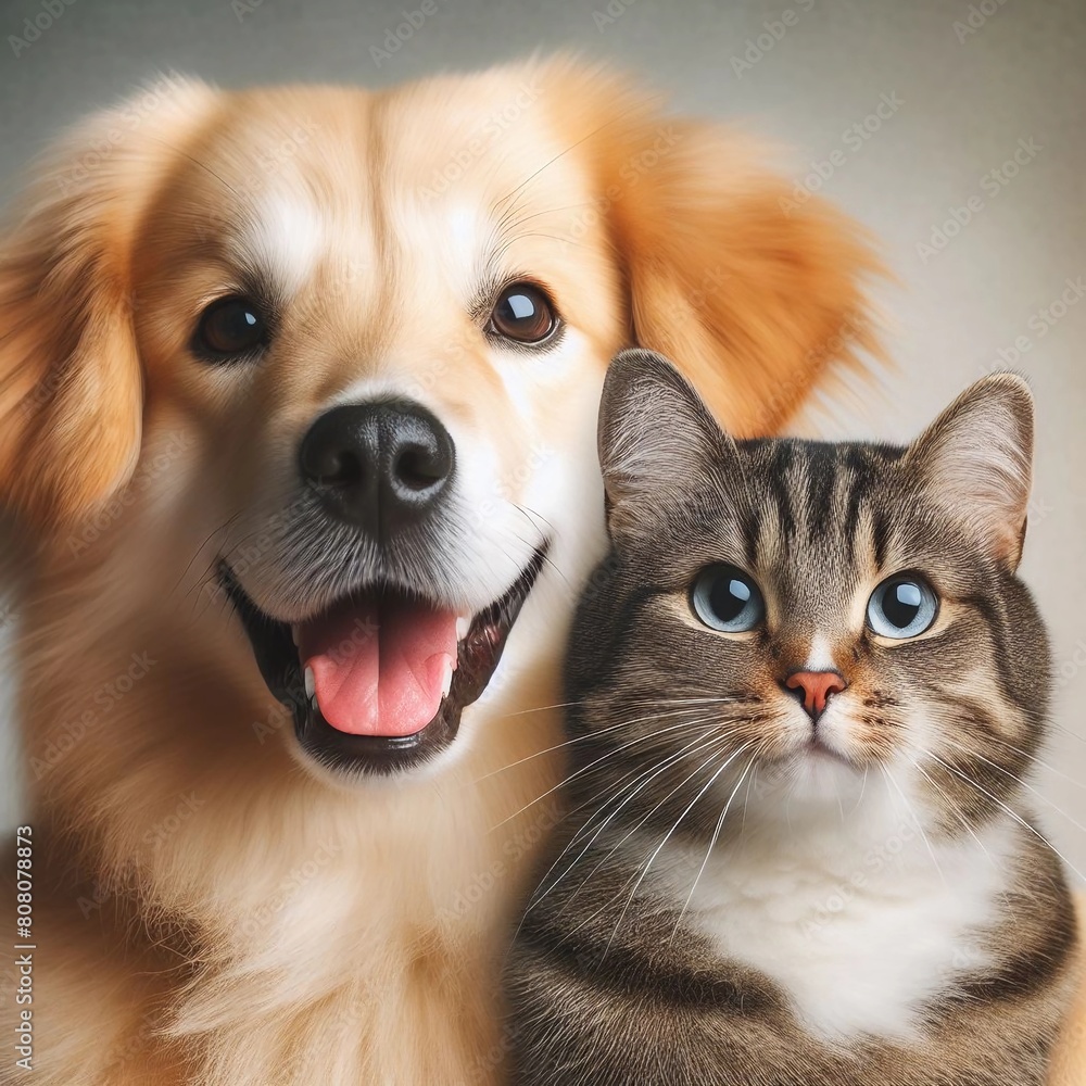 Retriever dog and cat sitting together on grey background, generative ai Retriever dog and cat sitting together on grey background, generative ai