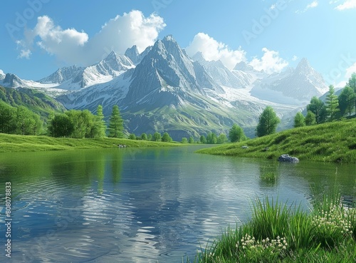 Mountains, lake and green field landscape