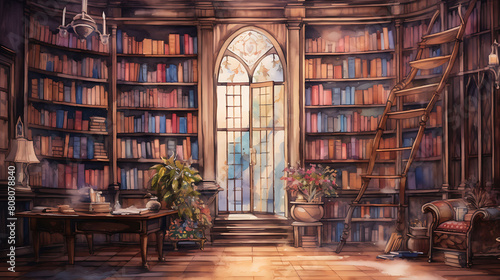 Design a watercolor background featuring an antique bookshop, with shelves overflowing with books and the cozy ambiance of a bygone era photo
