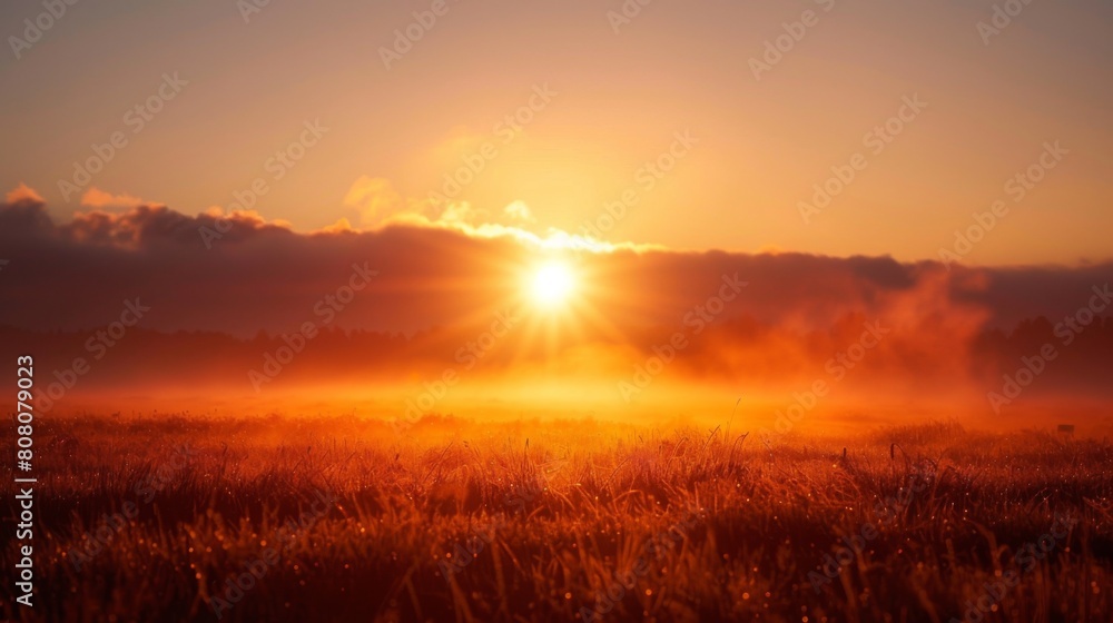 The sun rising above mist-covered fields, symbolizing the promise of a new day The sun rising above mist-covered fields, symbolizing the promise of a new day
