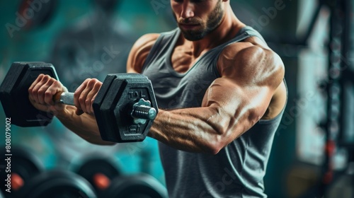 A muscular man with a beard is doing bicep curls with dumbbells. He is wearing a gray tank top and black shorts. The background is a blurred gym. © Sittipol 