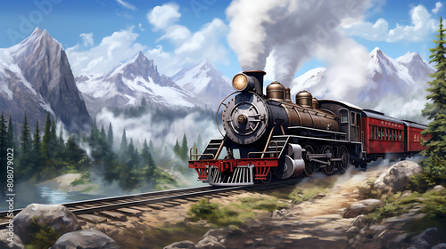 Design a watercolor background of a historic train journey through the Rocky Mountains