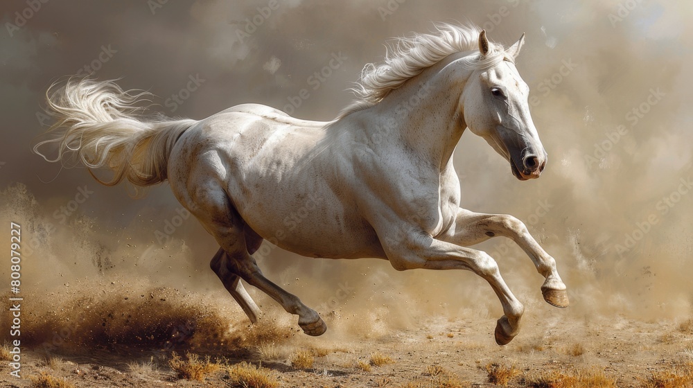 a running white Friesian horse a running white Friesian horse