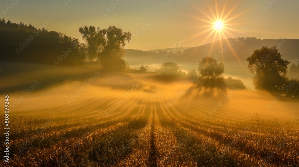 The sun rising above mist-covered fields, symbolizing the promise of a new day The sun rising above mist-covered fields, symbolizing the promise of a new day
