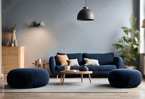 Elevate your living space with the inviting allure of two knitted poufs paired with a sophisticated dark blue corner sofa, embodying the timeless charm of Scandinavian home interior design in a modern photo
