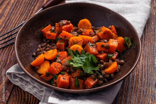 Comfort food with roasted sweet potatoes, lentils and herbs, delicious lunch or dinner