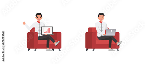 Set of businessman character vector design. Chinese man sitting and showing growth graph on computer illustration. Presentation in various action.