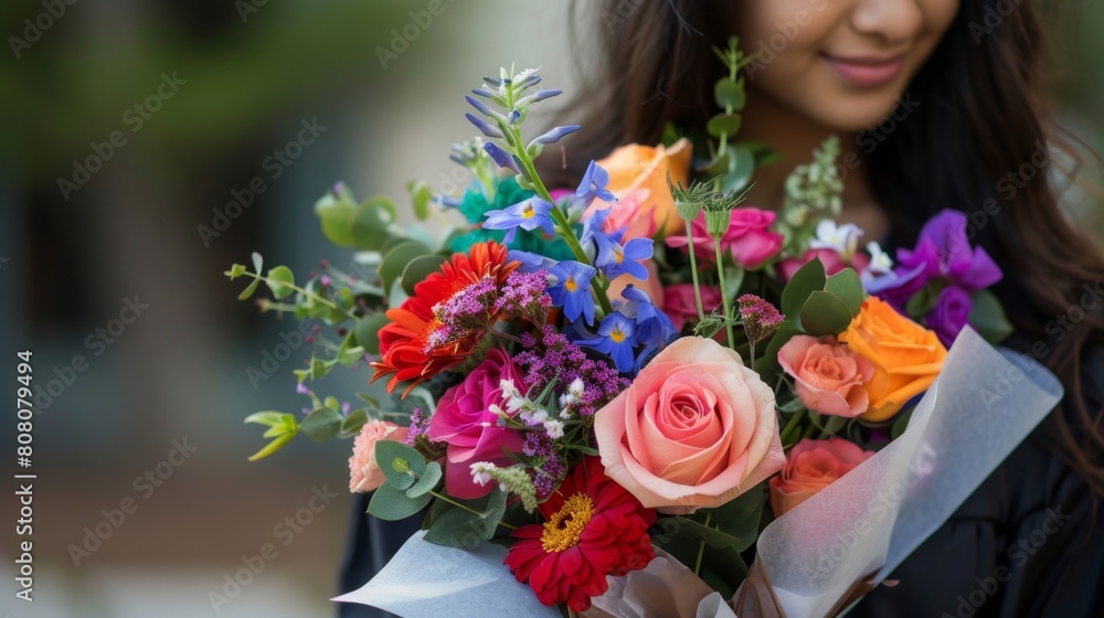 a young woman holding flowers bouquet a young woman holding flowers bouquet