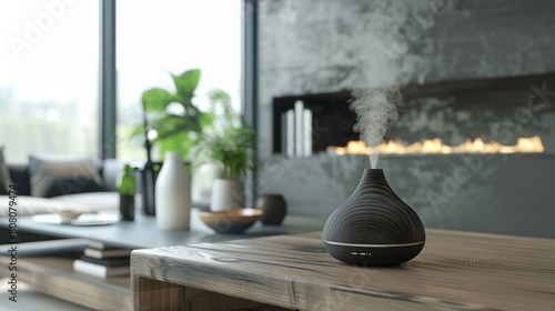 aroma diffuser on wooden surface in room photo