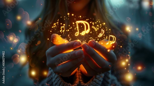 A woman holds a glowing ball of music notes in her hands. © Sittipol 