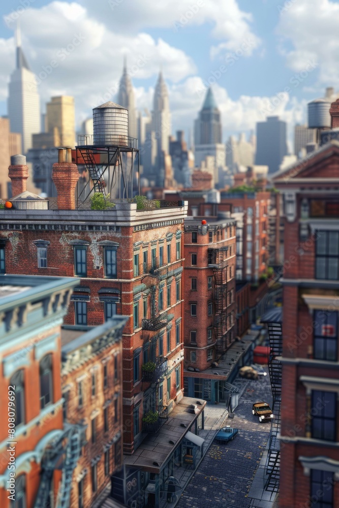 Obraz premium Cityscape with tall buildings and a water tower on the roof