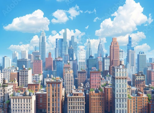 A bustling metropolis with skyscrapers and a blue sky