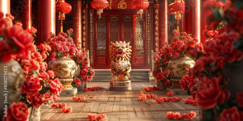 Chinese traditional architecture courtyard with red lanterns and flowers photo