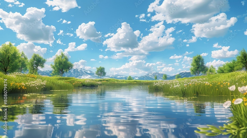 Obraz premium Mountains and lake in the distance with green field and flowers in the foreground