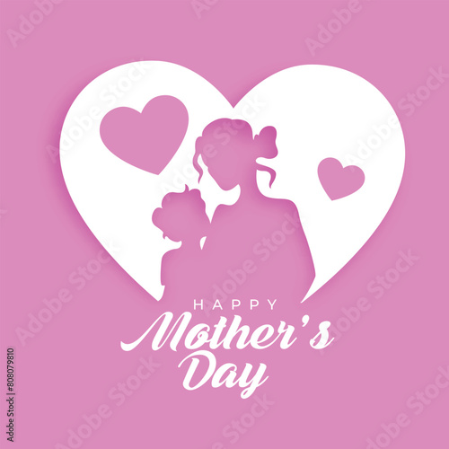 Happy Mother s day greetings card design in vector with mother and daughter in big heart with a pink background.