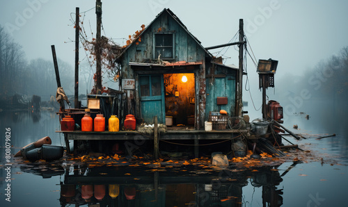 Small House by Water. Generative AI