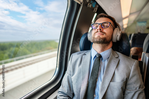 Tired handsome businessman relaxing while traveling with high-speed train or metro. He is using laptop computer and wireless headphones for entertainment and music listening. © Dusko