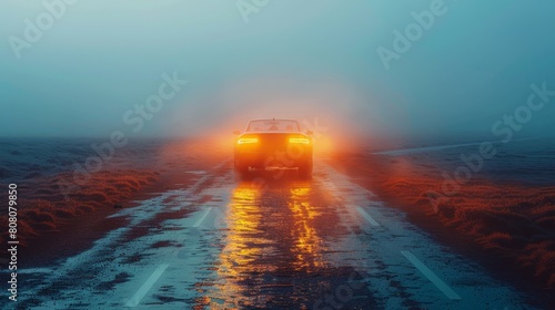 a car is driving on wet road