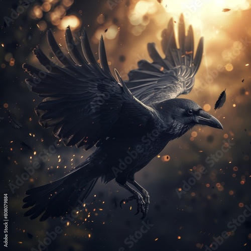 a Crow flying in the forest