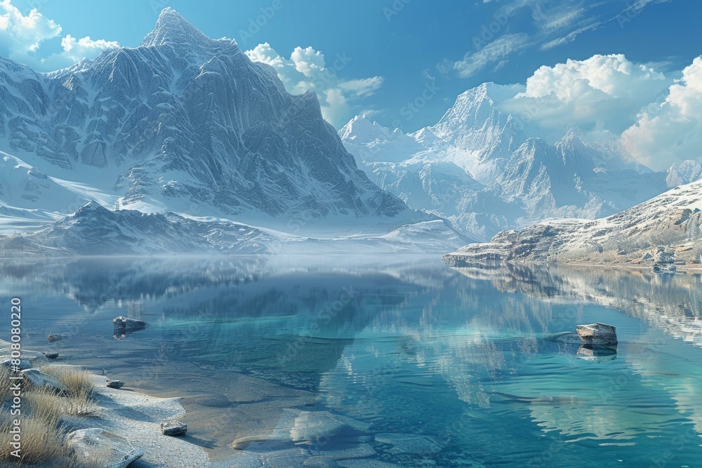 Stunning winter mountain landscape with snow capped peaks and crystal clear lake