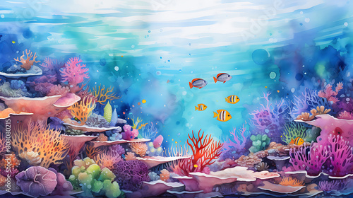 Design a watercolor background of a lively coral reef bustling with marine life © Sunny