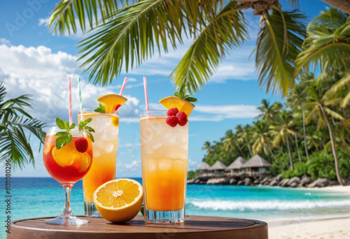 Refreshing tropical cocktail served on a beachfront paradise with vibrant fruit garnishes and a colorful drink set against a stunning ocean backdrop 