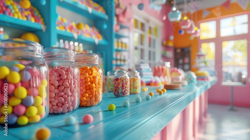 Blank candy wrapper mockup on a vibrant candy shop counter, surrounded by jars of colorful sweets and a cheerful, bright interior