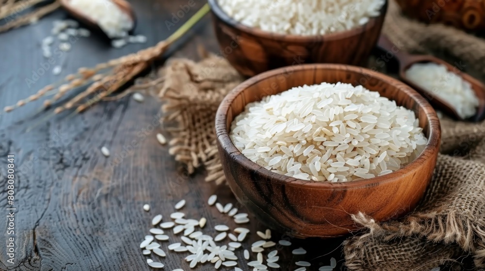 raw rice in wooden bowl raw rice in wooden bowl