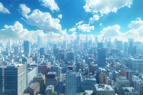 A cityscape of a large metropolis with skyscrapers and a blue sky